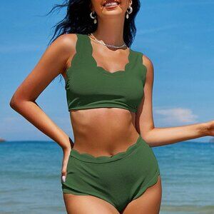 ZAFUL Rib Scalloped V-Neck Bikini Set | Size US 8 | NWT | Dark Green | Cheeky